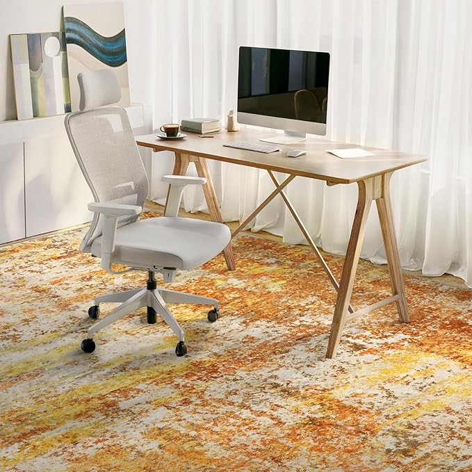 Washable Area Rugs for Living Room - 9x12 Abstract Modern Rug Neutral Soft Rug Stain Resistant Non-Shedding No Slip Low Pile Large Carpet for Bedroom Dining Room Nursery Home Office - Orange/Gold