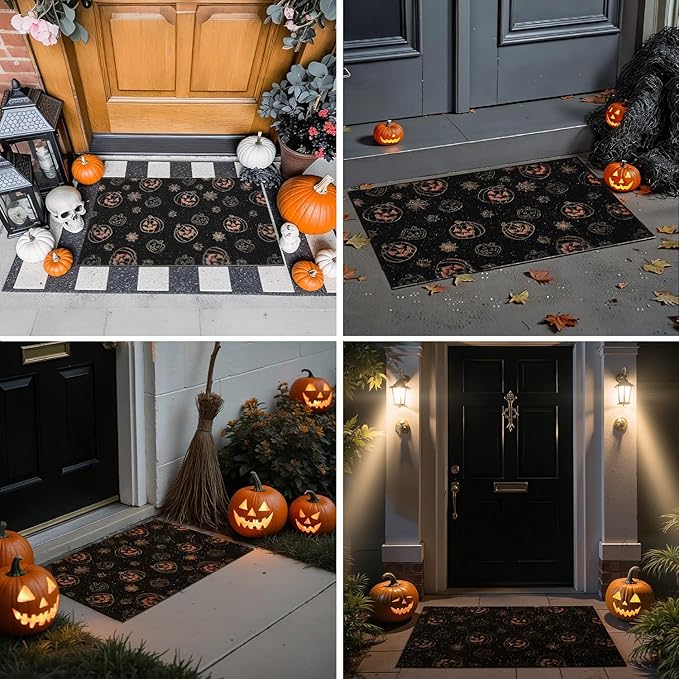 Halloween Door Mat, Halloween Pumpkin Doormat Outdoor Front Door Entrance Absorbent Entry Mat with Non Slip Backing, 24''x36'', Pumpkins Black