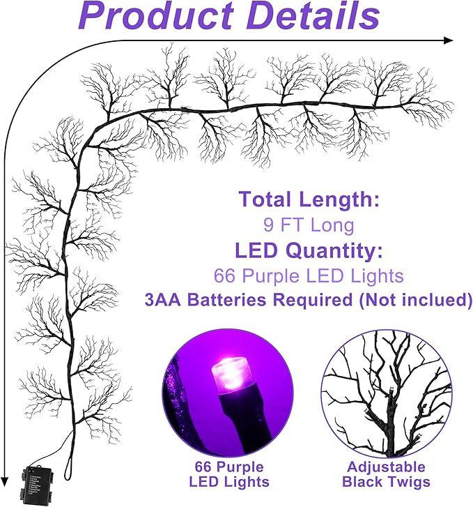 9 FT 66 LED Halloween Black Garland Willow Vine Twig Decor with Purple Light, 8 Modes & Timer Battery Operated Waterproof Halloween Decorations Indoor for Mantle Fireplace Home Office Party Decor