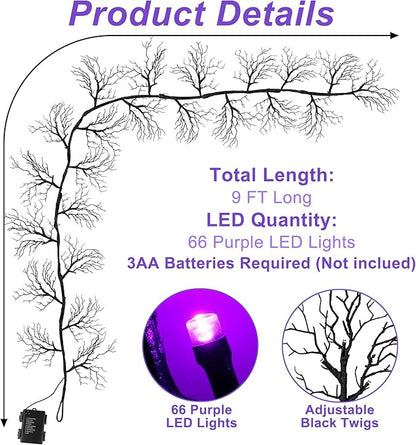 9 FT 66 LED Halloween Black Garland Willow Vine Twig Decor with Purple Light, 8 Modes & Timer Battery Operated Waterproof Halloween Decorations Indoor for Mantle Fireplace Home Office Party Decor