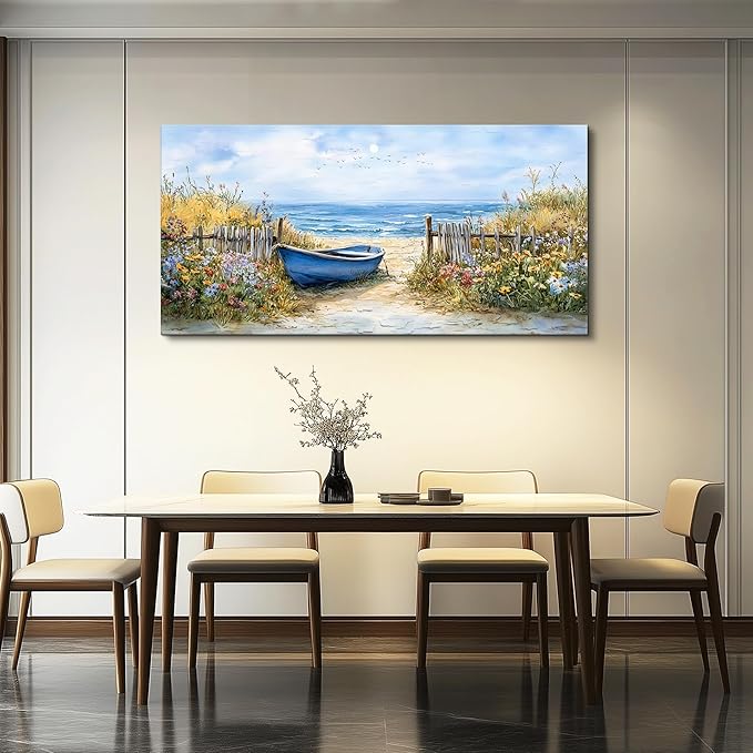 QIYILEXWART Large Wall Decor For Living Room Canvas Wall Art For Office Modern Wall Decorations For Bedroom Sea Side Boat Landscape Painting Farmhouse Pictures Artwork Room Home Decor 24x48 In