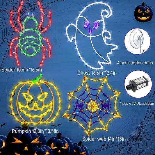 Halloween Decorations - 16" Halloween Window Silhouette Lights - 4 Pack Colour Lighted Spider & Ghost & Pumpkin & Spider Web for Holiday Indoor and Outdoor Wall Door Window Decorate