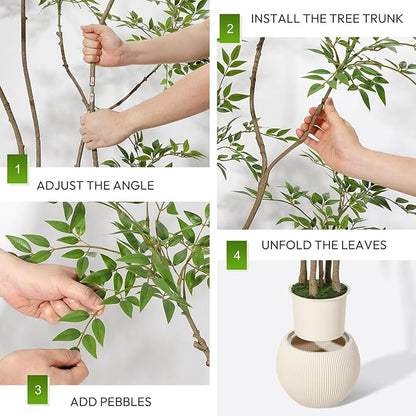 Garvee Nandina Artificial Plants with Sphere Planter Pot, Artificial Tree Indoor with Moss and Pebbles, 7FT Fake Potted Tree for Indoor & Home Office Decor