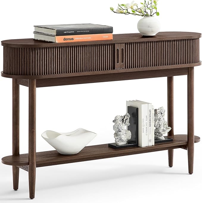LINSY Fluted Console Table with Storage, Entryway Table Wood Entrance Tables for Front Door, Behind Couch Sofa Table with Shelves, Foyer Tables for Hallways, Living Room Vintage Furniture, Walnut
