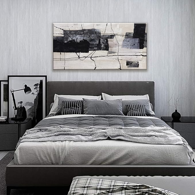 Black Abstract Wall Art prints Decor Grunge Room Decor Art Canvas Wall Decoration 24" x 48" Painting Black And White Artwork for Bedroom Home Office Dining Room Decor