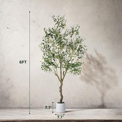 Artificial Olive Tree 6FT, Indoor Fake Silk Plant with Realistic Trunk, Leaves, Fruits and White Planter, Faux Potted Tree for Home Decor and Housewarming Gift, 1 Pack