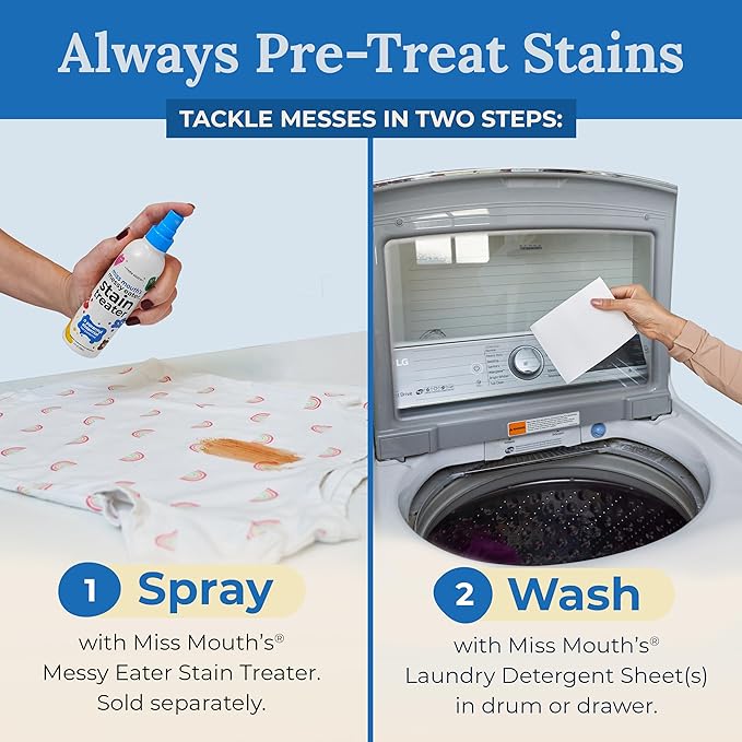 Miss Mouth's Messy Eater Laundry Detergent Sheets - 60 Loads Travel Friendly Detergent Sheets - Hypoallergenic, Sensitive Skin Safe, Pediatrician and Dermatologist Tested, Fragrance Free