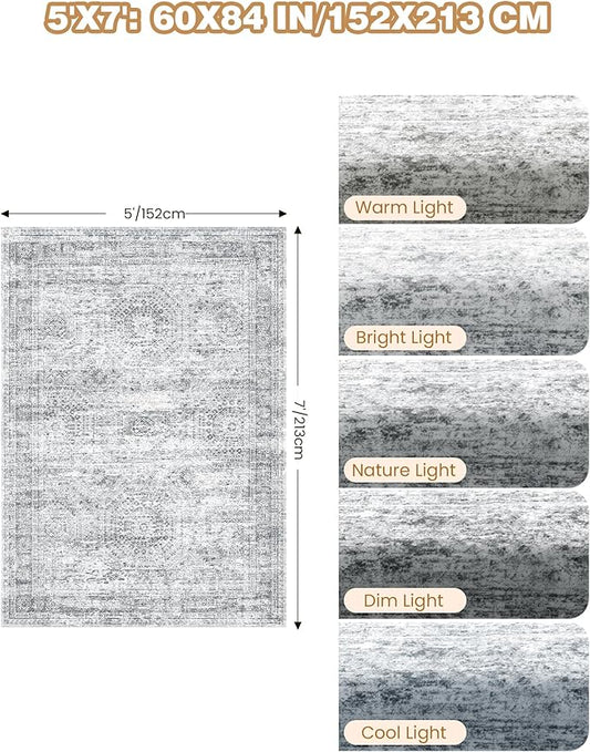 5x7 Area Rugs, Ultra-Thin Washable Rugs for Living Room, Anti-Slip Backing Area Rug for Bedroom, Soft Abstract Vintage Home Decor Rug for Dining Room(5'x7', Grey/Ivory)