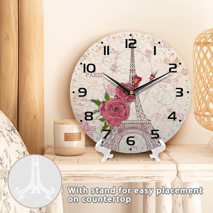 Vintage Eiffel Tower Wall Clock Vintage Wooden Wall Clock Silent Non-Ticking Battery Operated Arabic Numerals Wall Clocks Decorative for Kitchen, Office, Classroom 10 Inch