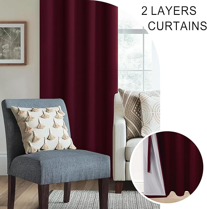 XWZO Full Shading Blackout Curtains 63 Inches Length - Heat and Light Blocking Ring Top Window Drapes with Black Liner Backing for Bedroom Sewn with Tiebacks, Burgundy, W52 x L63, Set of 2 Panels