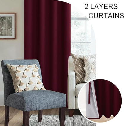 XWZO 100% Blackout Curtains Panels with Tiebacks- Heat and Full Light Blocking Window Drapes for Bedroom/Nursery, 95 Inches Long Thermal Insulated Draperies,Grommet, Burgundy, W52 x L95, Set of 2