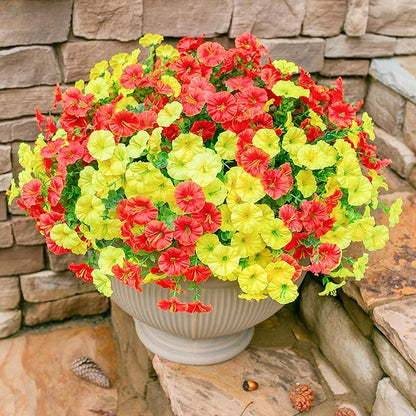 Artificial Mums for Outdoors Fake Fall Flowers Plants for Autumn Decoration, 12 Bundles Silk Morning Glory with Eucalyptus Look Real UV Resistant Faux Mums for Outside Planters Yard Patio Porch, Mix