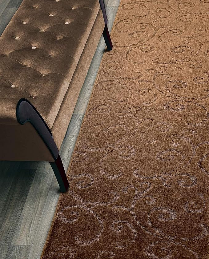 12 FT Long Non-Slip Washable Carpet Runner Rug with Rubber Backing, Brown (26" X 12'), Custom Floor Mat for Kitchen Hallway Stairs Bedroom Bathroom Entryway, Your Choice of Length, Scroll Pattern