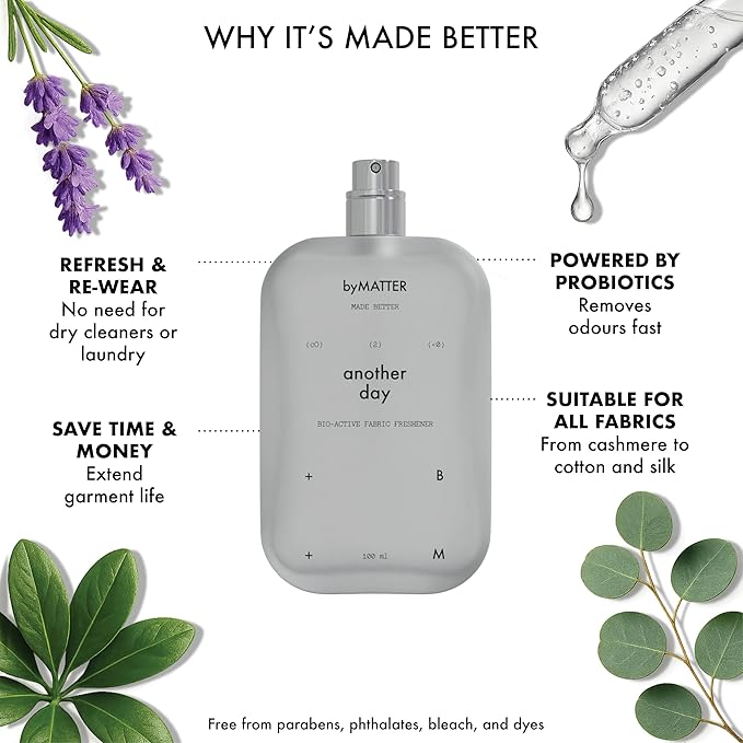 byMATTER Another Day Clothes Refresher Spray – Fabric Freshener, Luxury Perfume, Dry Wash Mist For All Clothing Types, Plant Based, Odour Eliminating, Linen Spray for Clothes (100ml / 3.4 Fl Oz)