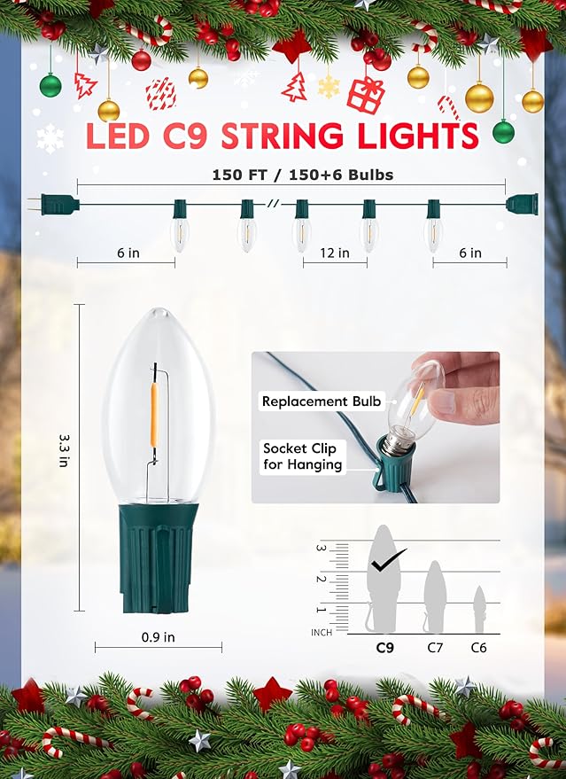 Vintage C9 Christmas Lights Outdoor, 150 Feet C9 String Lights with 150 LED C9 Plastic Bulbs, Waterproof Connectable Christmas Tree Lights for Roofline Garden Patio Backyard Cafe Decor, Warm White