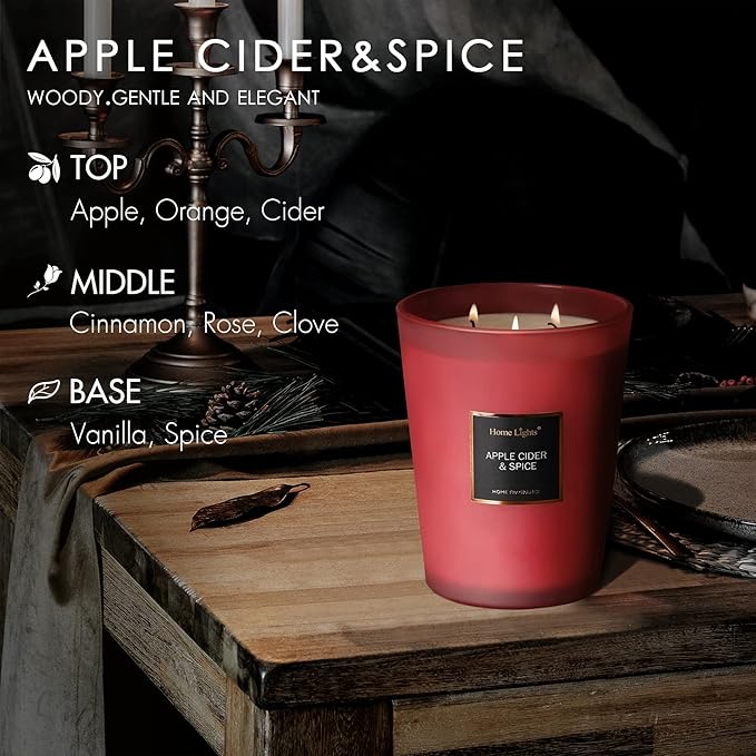 HomeLights Highly Scented Candles, Big 33.3 oz for Home, Natural Soy Aromatherapy Candles, Smokeless Long Lasting 130h with 3 Cotton Wicks, Candles Gifts for Women & Men - Apple Cider & Spice