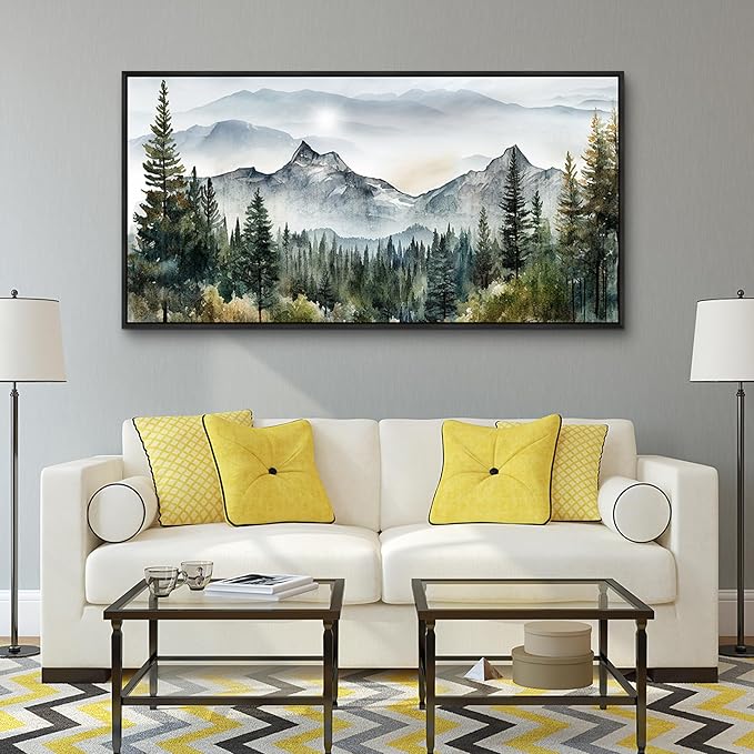 Wapluam Abstract Mountain Landscape Canvas Wall Art - Black Framed for Living Room, Bedroom - Large Modern Home Decor - Office Decoration Pictures Ready to Hang - 24x48 Artwork