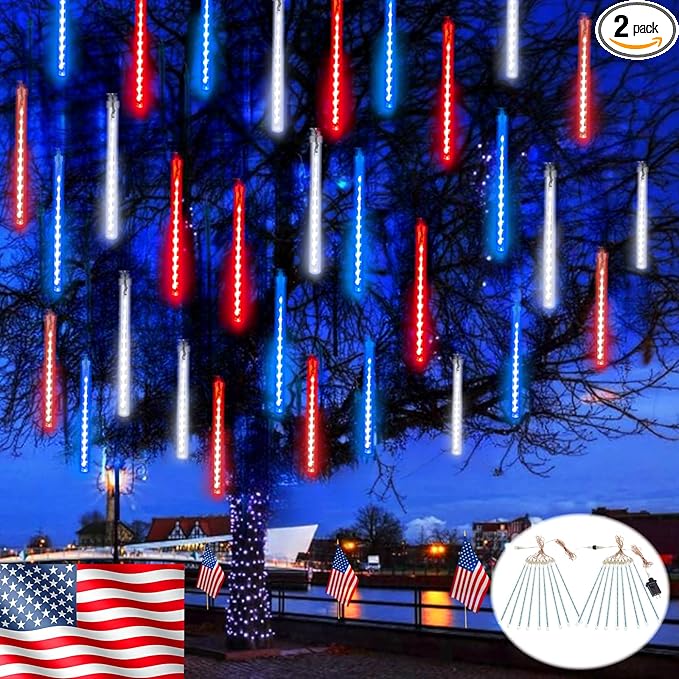 2-Pack Christmas Decorations Lights Outdoor, Total 432LED Meteor Shower Light with Timer, 30cm 18 Tubes Indoor Outdoor Snow Cascading String Light for Xmas Tree Party Garden Decor (Red White and Blue)