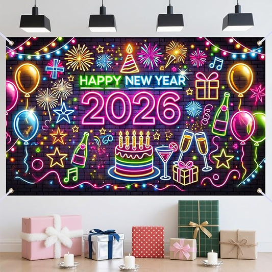 Nuxovilar Graffiti - Style Happy New Year 2026 Banner - Festive Party Decorations Backdrop with Balloons Cake, 71x43 Inch