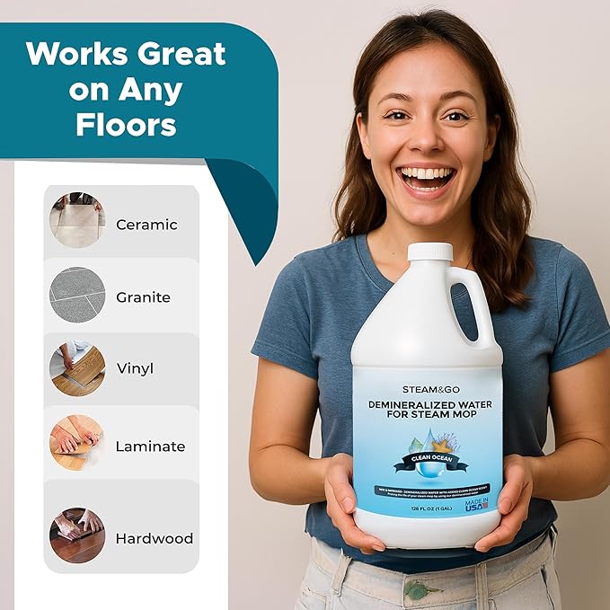 Steam & Go Demineralized Water Cleaning Solution for Floor & Multi-Surface Steam Cleaners - Compatible for All Steam Mops - Clean Ocean Scent, 128 oz