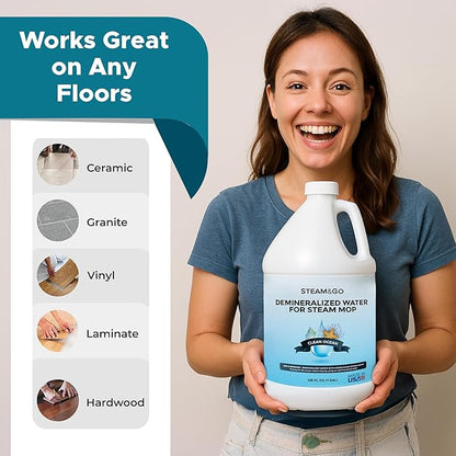 Steam & Go Demineralized Water Cleaning Solution for Floor & Multi-Surface Steam Cleaners - Compatible for All Steam Mops - Clean Ocean Scent, 128 oz