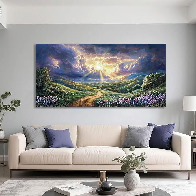 HKDGOKA Large Landscape Canvas Wall Art, Green Mountains Purple Clouds Flower Scenery Canvas Pictures Paintings Artwork for Living Room Bedroom Office Kitchen Home Wall Decor 29x58 IN