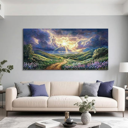 HKDGOKA Large Landscape Canvas Wall Art, Green Mountains Purple Clouds Flower Scenery Canvas Pictures Paintings Artwork for Living Room Bedroom Office Kitchen Home Wall Decor 29x58 IN
