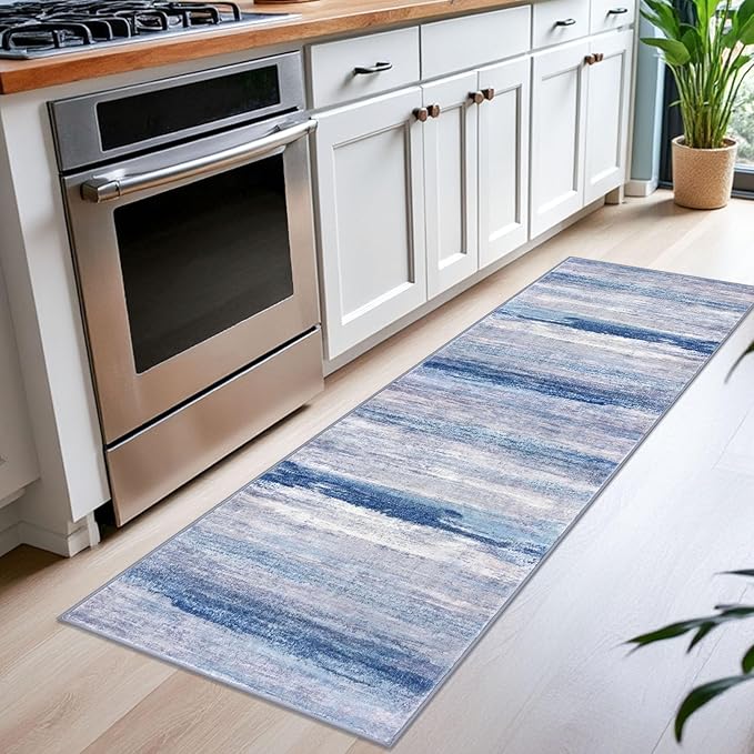 KOZYFLY Modern Abstract Kitchen Runner Rug, 2x6 Washable Rug Runner Non-Slip Soft Striped Hallway Runner Rugs, Blue/Grey/Beige Print Carpet Runner for Entryway Bathroom Laundry Room Foyer