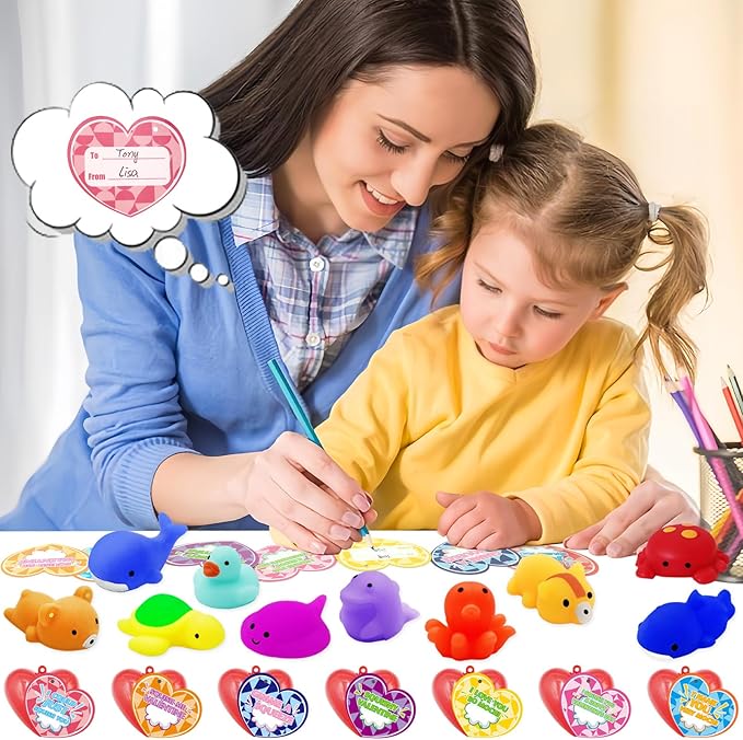 28 Pack Mochi Squishes Valentines Day Gifts for Kids Classroom, Valentines Day Cards for Kids School, Valentines for Class Valentines Exchange Cards Party Favors Classroom Exchange Gift Set