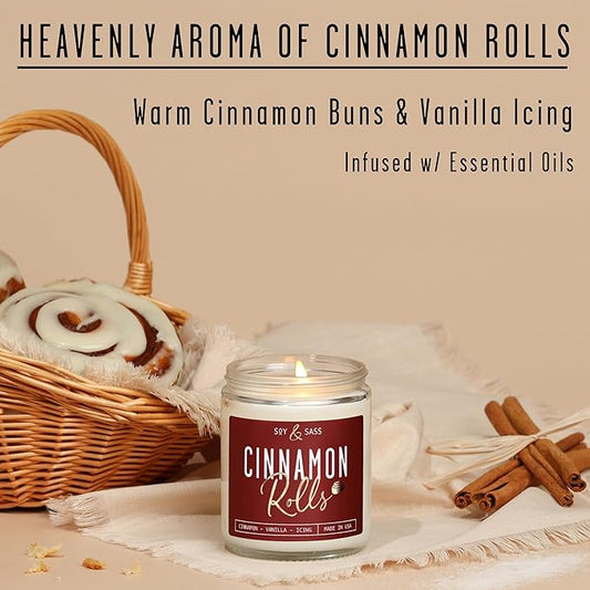 Cinnamon Candle, Fall Candles, Christmas Candles - 'Cinnamon Rolls' Autumn Scented Soy Candle for Home, 9oz Reusable Jar, 50Hr Burn, Made in USA