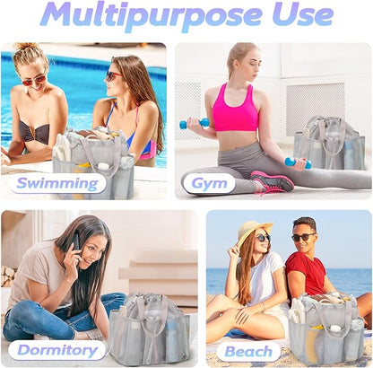 Mesh Shower Caddy Portable with Drawstring, Dorm Room Essentials for College Students, Grey Shower Bag for Camping,Swimming,Gym,Travel,Bathroom