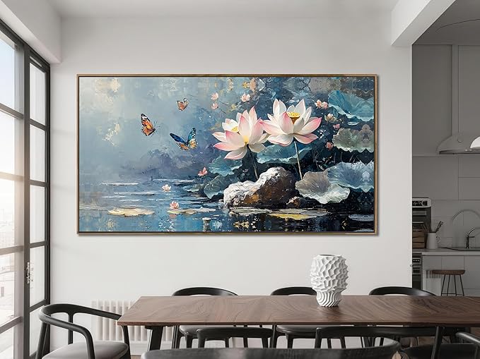 Ardemy Lotus Floral Canvas Wall Art Lrage Framed Pictures Wall Decor Living Room Flower Paintings Artwork for Walls Bedroom Kitchen Dining Room Home Office, 58"x29"