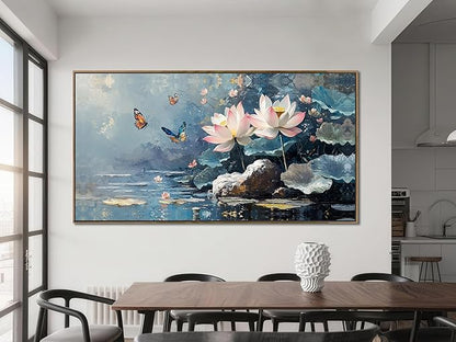 Ardemy Lotus Floral Canvas Wall Art Lrage Framed Pictures Wall Decor Living Room Flower Paintings Artwork for Walls Bedroom Kitchen Dining Room Home Office, 58"x29"