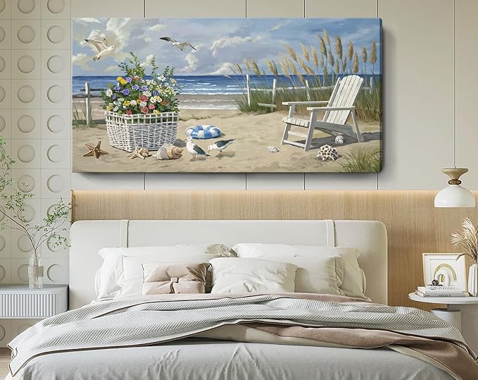 ARTZON Beach Pictures Wall Art – Blue Seascape Extra Large Ocean Scenery Print Floral Decorations Artwork Relaxing Seagulls Canvas Wall-decor for Restroom, Bedroom, Office, 58x29 Inch