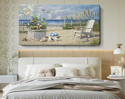 ARTZON Beach Pictures Wall Art – Blue Seascape Extra Large Ocean Scenery Print Floral Decorations Artwork Relaxing Seagulls Canvas Wall-decor for Restroom, Bedroom, Office, 58x29 Inch
