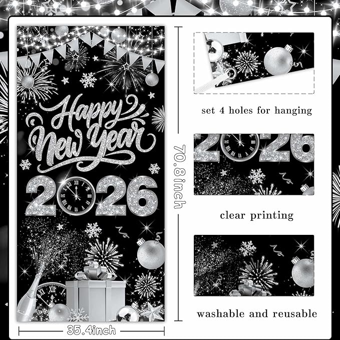 Black Silver Happy New Year 2026 Door Cover, Large 2026 NYE Front Door Banner New Year Eve Party Backdrop Decoration for Indoor Outdoor Festive NYE Hanging Sign