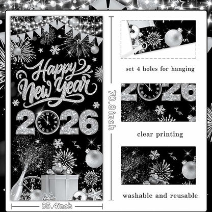 Black Silver Happy New Year 2026 Door Cover, Large 2026 NYE Front Door Banner New Year Eve Party Backdrop Decoration for Indoor Outdoor Festive NYE Hanging Sign