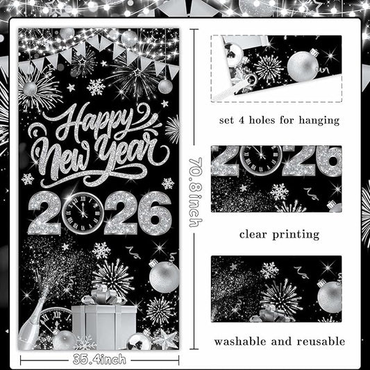 Black Silver Happy New Year 2026 Door Cover, Large 2026 NYE Front Door Banner New Year Eve Party Backdrop Decoration for Indoor Outdoor Festive NYE Hanging Sign