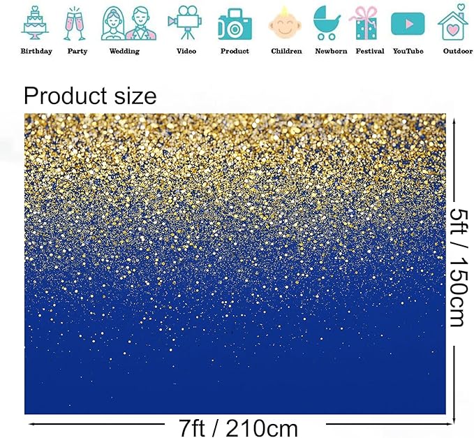 Blue and Gold Glitter Backdrop 7x5ft Elegant Photo Booth Background for Birthday, Wedding, Graduation, Anniversary & New Year Party Decorations, Luxury Event Banner