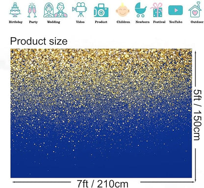 Blue and Gold Glitter Backdrop 7x5ft Elegant Photo Booth Background for Birthday, Wedding, Graduation, Anniversary & New Year Party Decorations, Luxury Event Banner
