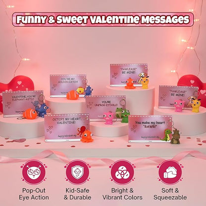 4E's Novelty 24 Pack Valentines Cards with Popping Eye Animals, Pop Out Eyes Squeeze Toy Keychain with Cards, Valentines Day Gifts for Kids Classroom Exchange for Kids Party Favors Bulk