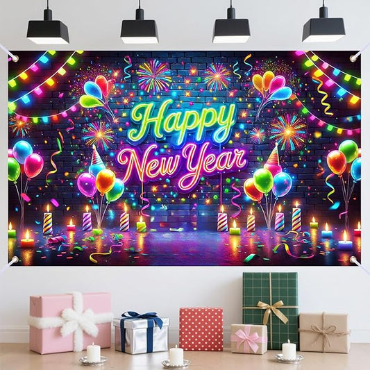 Nuxovilar Happy New Year Banner, Colorful Fireworks Neon Lights Backdrop for Party Decorations, 71x43 Inch
