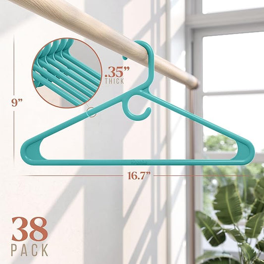 NEATERIZE Ultra Heavy Duty Plastic Clothes Hangers - Aqua - Durable Coat, Suit and Clothes Hanger. Perchas De Ropa (38 Pack - Aqua)