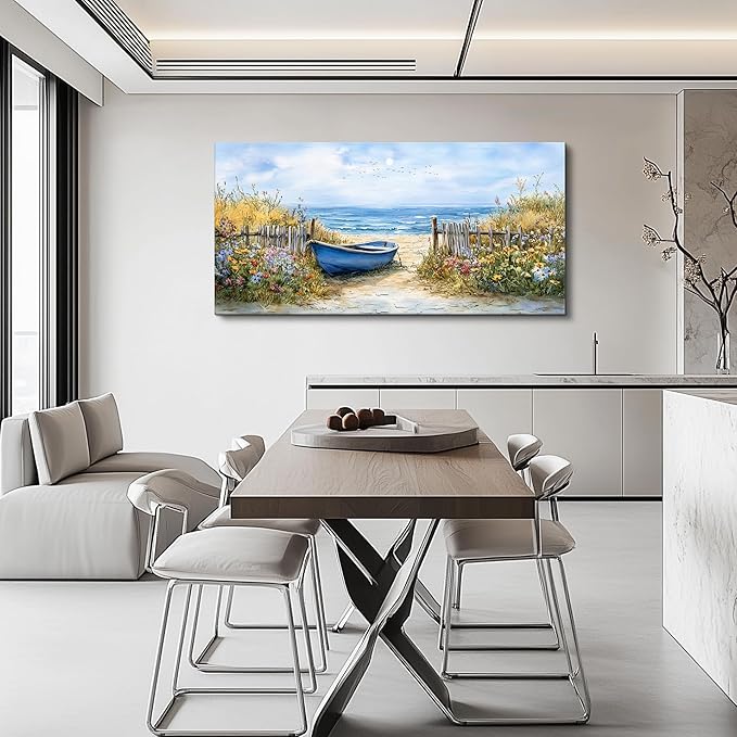 QIYILEXWART Large Wall Decor For Living Room Canvas Wall Art For Office Modern Wall Decorations For Bedroom Sea Side Boat Landscape Painting Farmhouse Pictures Artwork Room Home Decor 24x48 In