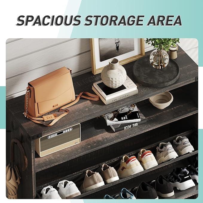 Vabches Shoe Storage Cabinet with 2 Flip Drawers,Freestanding Narrow Shoe Organizer with Open Storage,Hidden Slim Shoe Rack Cabinet for Entryway,Hallway,Dark Rustic Oak