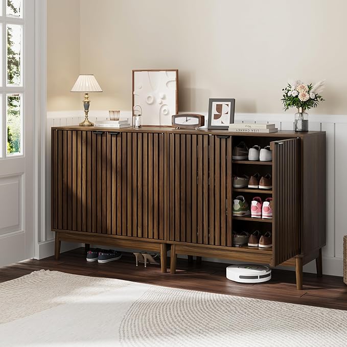 Shoe Storage Cabinet with Ventilated Slatted Doors, Wooden Shoe Organizer, Shoes Rack for Entryway, Hallway, Living Room