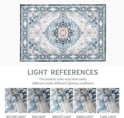 Washable 5×7 Area Rug for Living Room, Vintage Floral Rug Soft Non Slip Stain Resistant Boho Carpet for Indoor Bedroom Dinning Room Home Office Blue/Ivory