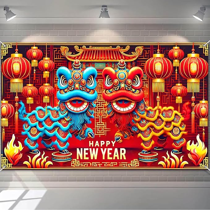 Chinese New Year Lion Dance Backdrop Happy New Year Banner Red Gold Lantern Festival Party Background Traditional Lunar New Years Wall Decor for Home Party Event Photo Booth 71x43 Inch