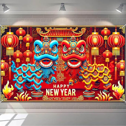 Chinese New Year Lion Dance Backdrop Happy New Year Banner Red Gold Lantern Festival Party Background Traditional Lunar New Years Wall Decor for Home Party Event Photo Booth 71x43 Inch