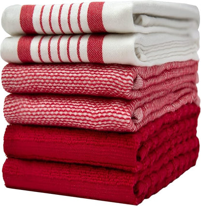 Premium Kitchen Towels (20”x 28”, 6 Pack) | Large Cotton Dish Towels | Flat & Terry Highly Absorbent Kitchen Linen Set with Hanging Loop | Red Striped